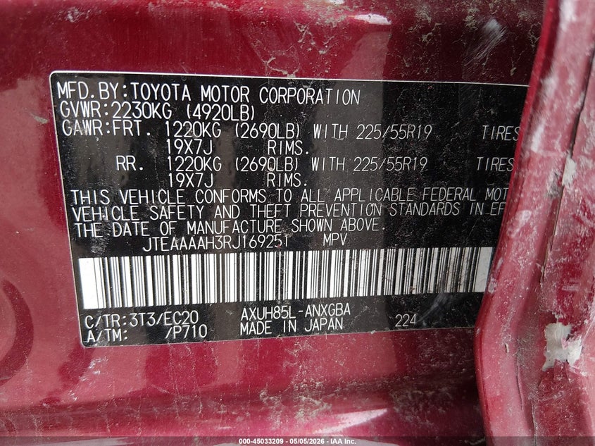 2024 Toyota Venza VIN JTEAAAAH3RJ169251 IAAI salvage auction — LEFT SIDE, Salvage (Ohio), sold $14,700 on 2026-07-08 (photo 9)