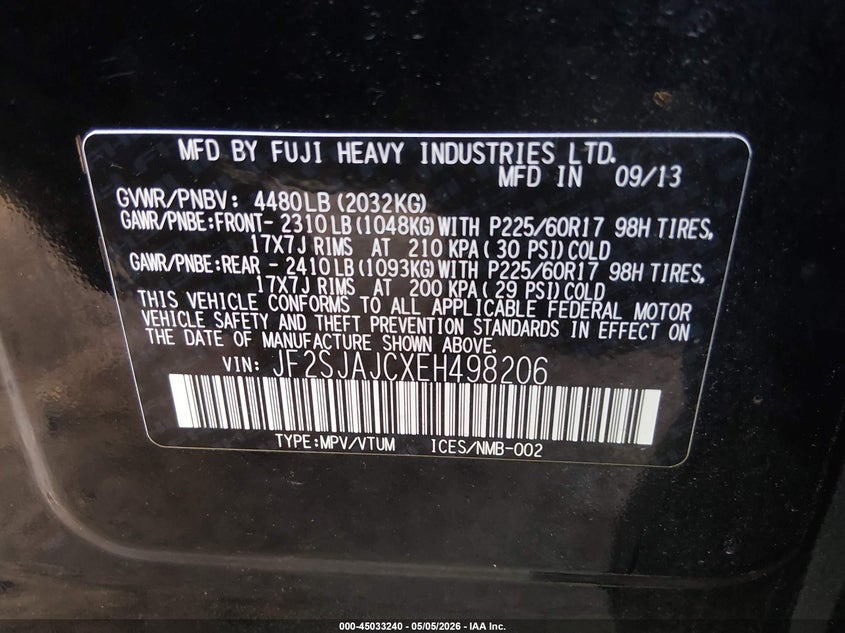 2014 Subaru Forester VIN JF2SJAJCXEH498206 IAAI salvage auction — RIGHT FRONT, Salvage (Massachusetts), sold $725 on 2026-08-01 (photo 9)