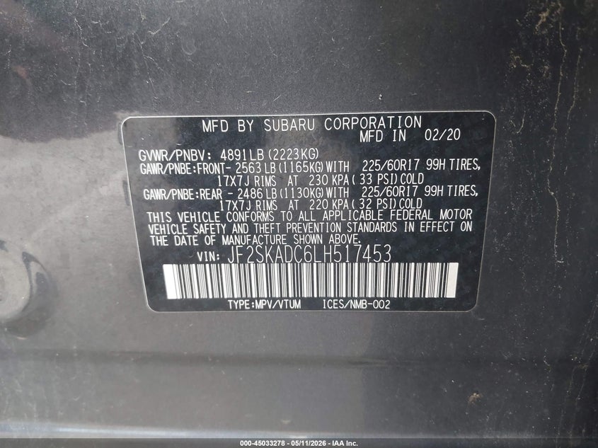 2020 Subaru Forester VIN JF2SKADC6LH517453 IAAI salvage auction — SIDE, Salvage (Indiana), sold $3,250 on 2026-07-09 (photo 9)