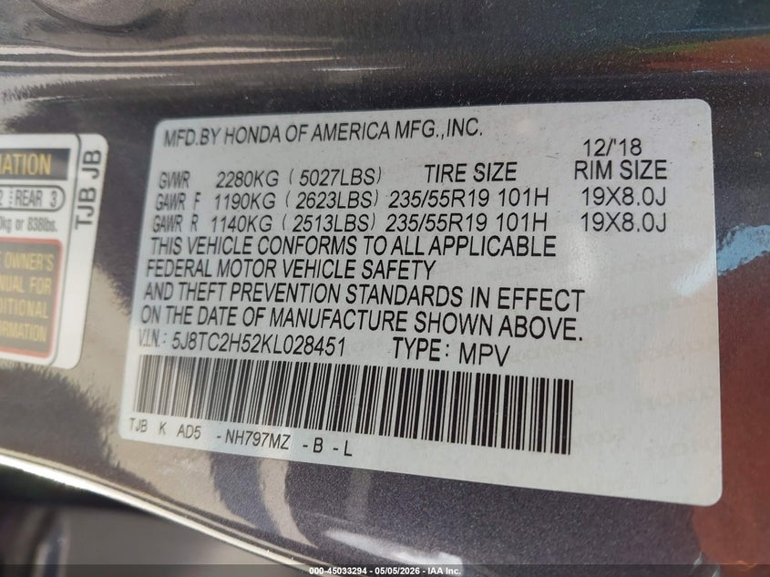 2019 Acura Rdx VIN 5J8TC2H52KL028451 IAAI salvage auction — THEFT, Salvage Title, sold $9,200 on 2026-07-28 (photo 9)