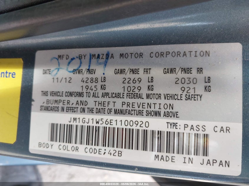 2014 Mazda 6 VIN JM1GJ1W56E1100920 IAAI salvage auction — FRONT END, Salvage (Ohio), sold $300 on 2026-07-28 (photo 7)