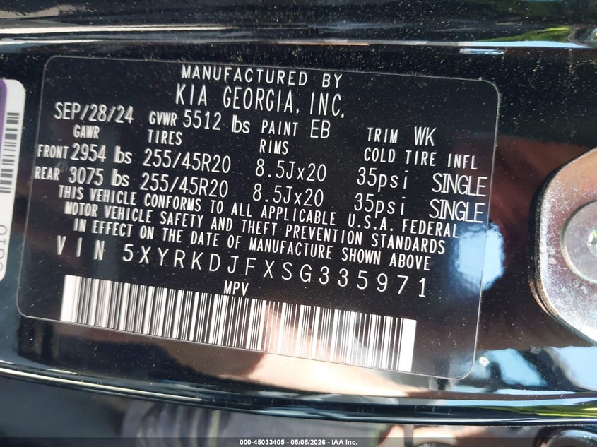 2025 Kia Sorento VIN 5XYRKDJFXSG335971 IAAI salvage auction — LEFT SIDE, Salvage - Greater Than 75% (Maryland), sold $12,050 on 2026-07-14 (photo 9)