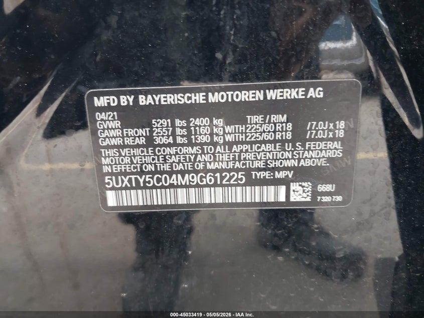 2021 BMW X3 VIN 5UXTY5C04M9G61225 IAAI salvage auction — FRONT END, Salvage (Idaho), sold $3,950 on 2026-07-09 (photo 9)