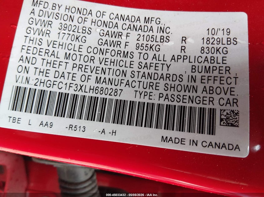 2020 Honda Civic VIN 2HGFC1F3XLH680287 IAAI salvage auction — LEFT FRONT, Salvage (Louisiana), sold $4,050 on 2026-07-31 (photo 9)
