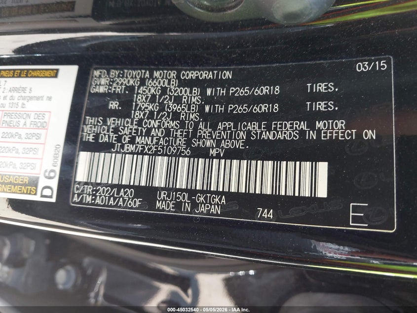 2015 Lexus Gx VIN JTJBM7FX2F5109756 IAAI salvage auction — FRONT END, Salvage (Virginia), sold $10,600 on 2026-07-10 (photo 9)