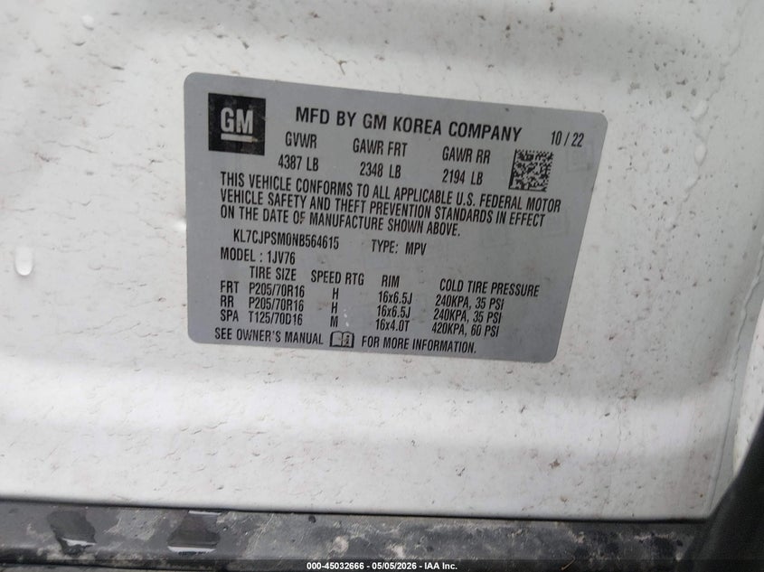 2022 Chevrolet Trax VIN KL7CJPSM0NB564615 IAAI salvage auction — LEFT FRONT, Salvage (Ohio), sold $2,825 on 2026-07-07 (photo 9)