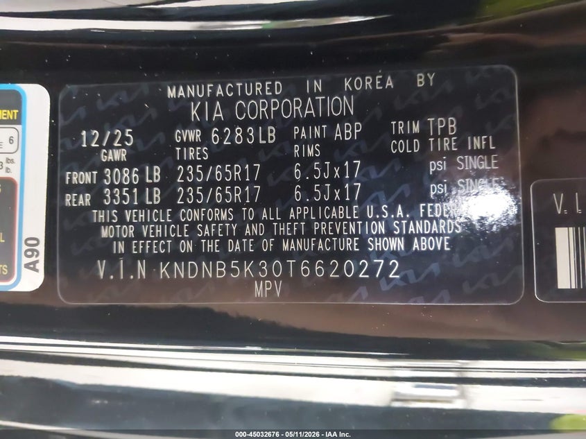 2026 Kia VIN KNDNB5K30T6620272 IAAI salvage auction — FRONT END, Mv-907A (New York), sold $4,500 on 2026-07-15 (photo 9)