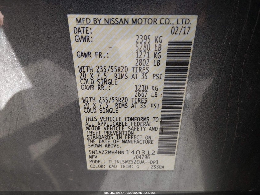 2017 Nissan Murano VIN 5N1AZ2MH4HN140312 IAAI salvage auction — RIGHT FRONT, Clear (Wyoming), sold $2,550 on 2026-07-09 (photo 9)