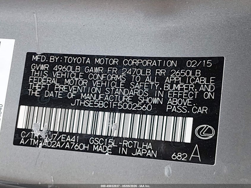 2015 Lexus Rc VIN JTHSE5BC1F5002560 IAAI salvage auction — FRONT END, Salvage (Missouri), sold $7,850 on 2026-07-07 (photo 9)
