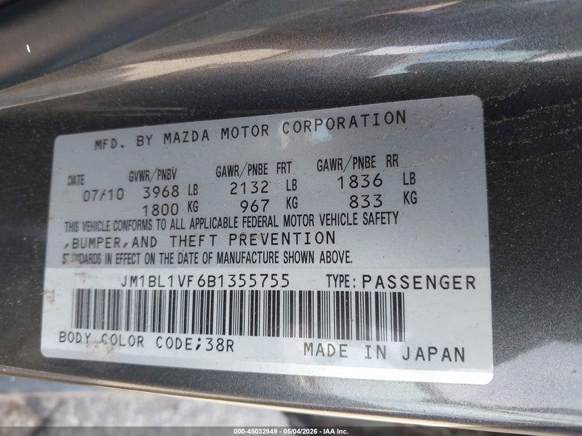 2011 Mazda 3 VIN JM1BL1VF6B1355755 IAAI salvage auction — FRONT & REAR, Salvage (Georgia), sold $200 on 2026-07-22 (photo 9)