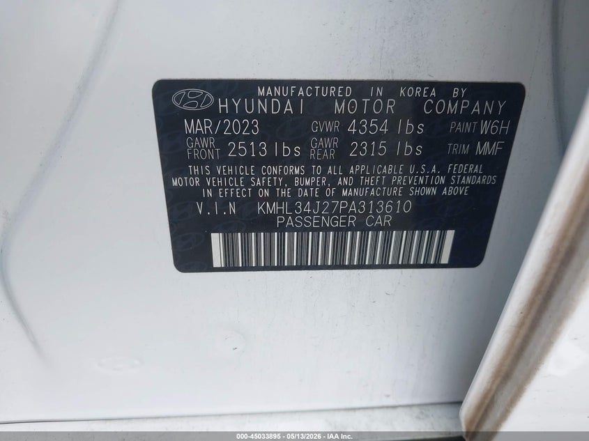 2023 Hyundai Sonata VIN KMHL34J27PA313610 IAAI salvage auction — REAR END, Salvage (Georgia), sold $8,025 on 2026-07-08 (photo 9)