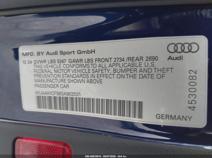 2025 Audi Rs5 VIN WUAAWCF56SA902031 IAAI salvage auction — FRONT END, Junk Bill Of Sale Mv2459 (Wisconsin), sold $11,350 on 2026-07-14 (photo 9)