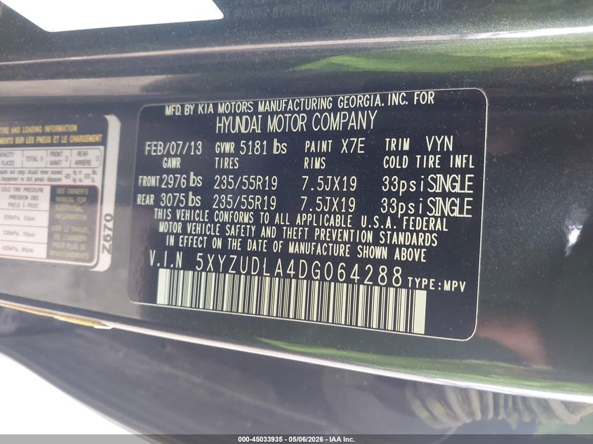 2013 Hyundai Santa fe VIN 5XYZUDLA4DG064288 IAAI salvage auction — SIDE, Salvage (North Carolina), sold $1,400 on 2026-07-18 (photo 9)