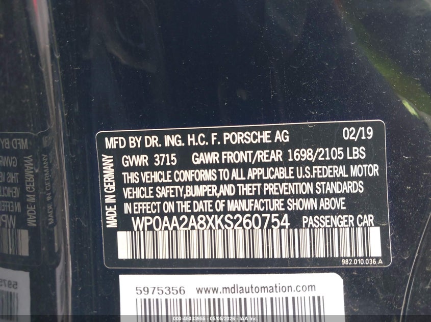 2019 Porsche 718 cayman VIN WP0AA2A8XKS260754 IAAI salvage auction — FRONT & REAR, Original (Texas), sold $20,000 on 2026-07-10 (photo 9)