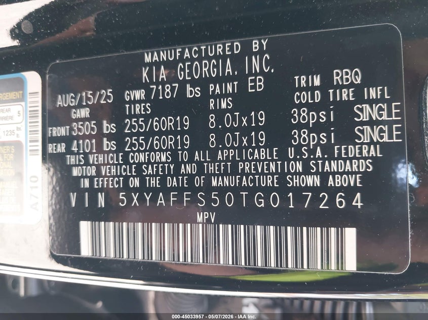 2026 Kia Ev9 VIN 5XYAFFS50TG017264 IAAI salvage auction — FRONT END, Mv-907A (New York), sold $17,150 on 2026-07-14 (photo 9)