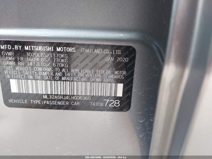2020 Mitsubishi Mirage VIN ML32A5HJ4LH006960 IAAI salvage auction — FRONT END, Salvage (Texas), sold $1,200 on 2026-07-09 (photo 9)