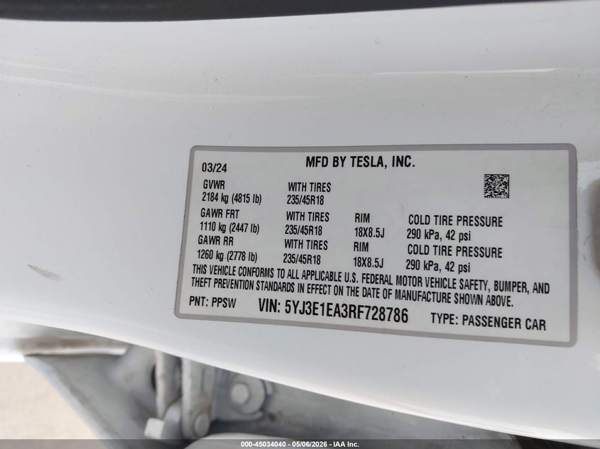 2024 Tesla Model 3 VIN 5YJ3E1EA3RF728786 IAAI salvage auction — LEFT FRONT, Original (Texas), sold $14,250 on 2026-07-09 (photo 9)