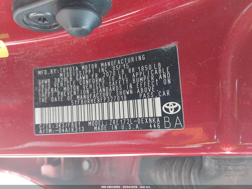 2015 Toyota Corolla VIN 5YFBURHE8FP327018 IAAI salvage auction — WATER/FLOOD, Salvage (Texas), sold $3,250 on 2026-07-14 (photo 9)