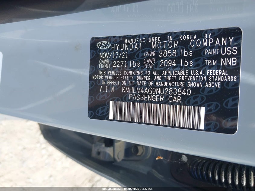 2022 Hyundai Elantra VIN KMHLM4AG9NU283840 IAAI salvage auction — NORMAL WEAR, Clear (Georgia), sold $5,150 on 2026-07-14 (photo 9)
