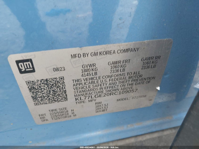 2024 Chevrolet Trax VIN KL77LGE20RC109057 IAAI salvage auction — REAR END, Original (Texas), sold $3,650 on 2026-07-23 (photo 9)