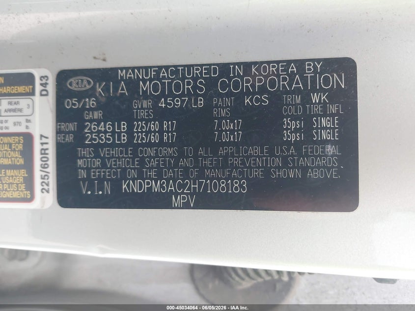 2017 Kia Sportage VIN KNDPM3AC2H7108183 IAAI salvage auction — REAR END, Salvage Title, sold $2,250 on 2026-07-07 (photo 9)