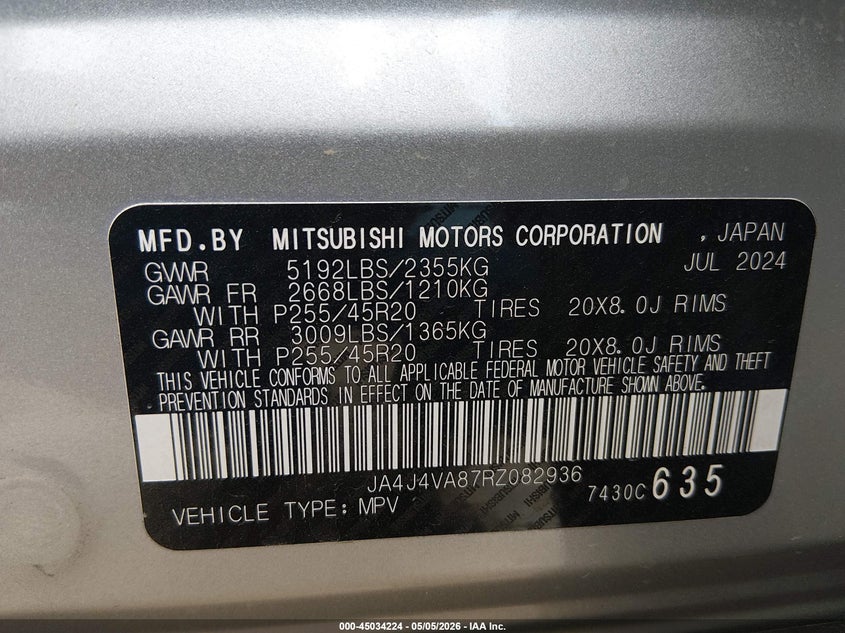 2024 Mitsubishi Outlander VIN JA4J4VA87RZ082936 IAAI salvage auction — LEFT SIDE, Salvage (West Virginia), sold $8,000 on 2026-07-30 (photo 9)