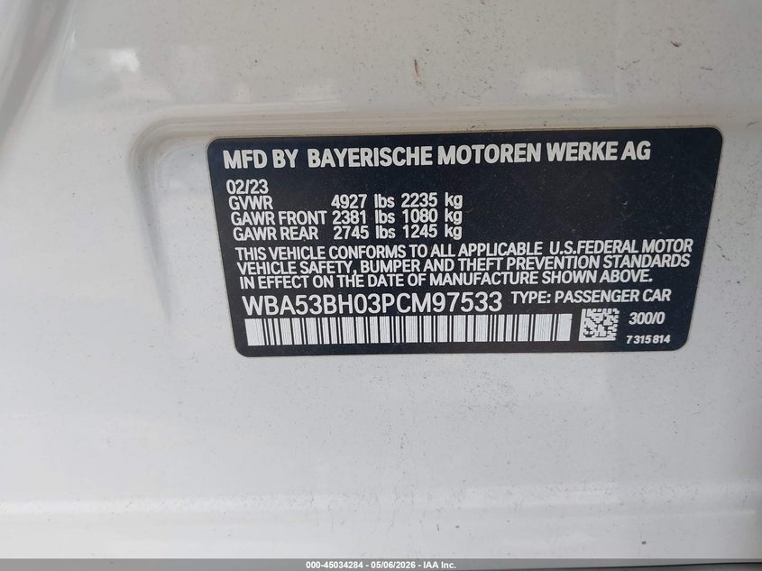 2023 BMW 5er VIN WBA53BH03PCM97533 IAAI salvage auction — RIGHT FRONT, Wait Title, sold $18,650 on 2026-08-04 (photo 9)