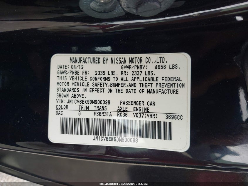 2013 Infiniti G VIN JN1CV6EK9DM900098 IAAI salvage auction — REAR END, Salvage (Georgia), sold $3,750 on 2026-07-29 (photo 9)