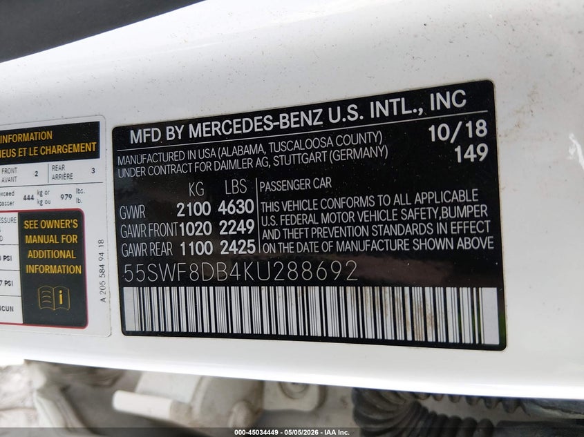 2019 Mercedes-benz C-klasse VIN 55SWF8DB4KU288692 IAAI salvage auction — FRONT END, Clear (Tennessee), sold $8,000 on 2026-07-11 (photo 9)