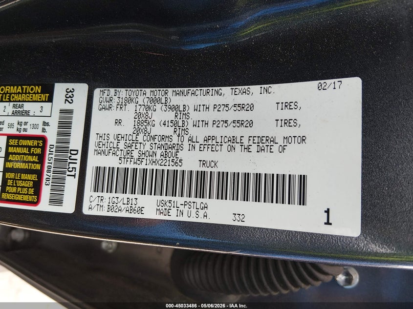 2017 Toyota Tundra VIN 5TFFW5F1XHX221565 IAAI salvage auction — FRONT END, Salvage (Georgia), sold $10,700 on 2026-07-17 (photo 9)
