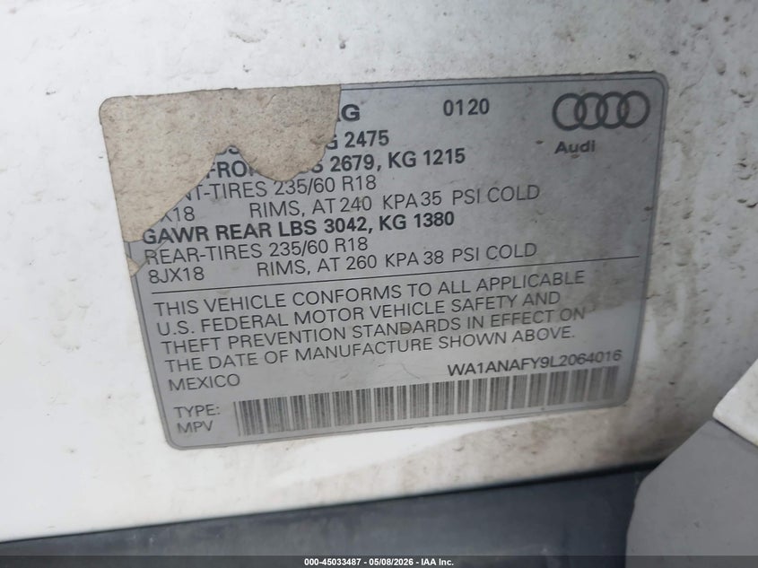 2020 Audi Q5 VIN WA1ANAFY9L2064016 IAAI salvage auction — FRONT END, Salvage (Ohio), sold $3,350 on 2026-07-28 (photo 9)