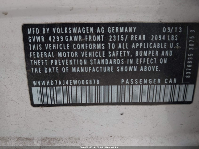 2014 Volkswagen Gti VIN WVWHD7AJ4EW006878 IAAI salvage auction — FRONT END, Salvage (Texas), sold $2,150 on 2026-07-07 (photo 9)