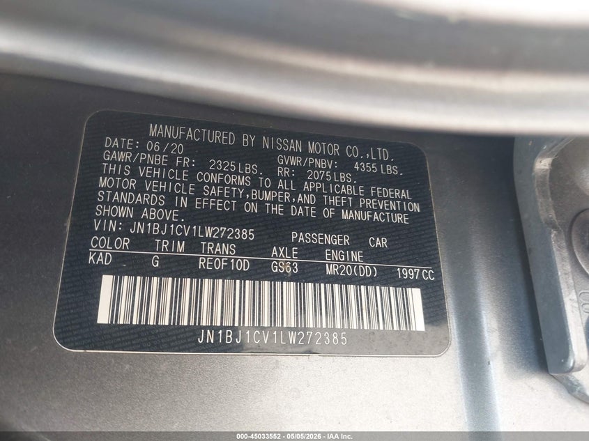 2020 Nissan Rogue VIN JN1BJ1CV1LW272385 IAAI salvage auction — FRONT END, Salvage (Louisiana), sold $800 on 2026-07-28 (photo 9)