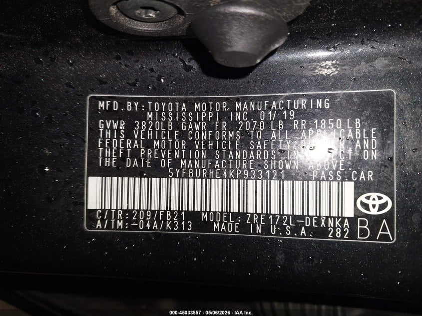 2019 Toyota Corolla VIN 5YFBURHE4KP933121 IAAI salvage auction — FRONT END, Salvage (Pennsylvania), sold $2,400 on 2026-07-08 (photo 9)