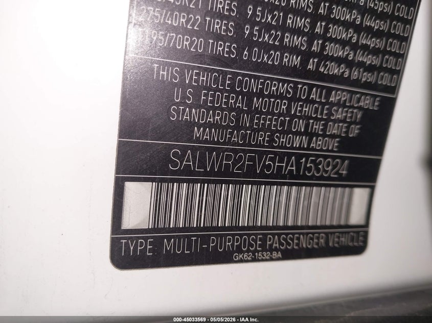 2017 Land rover Range rover sport VIN SALWR2FV5HA153924 IAAI salvage auction — FRONT END, Salvage (Minnesota), sold $7,300 on 2026-07-22 (photo 9)