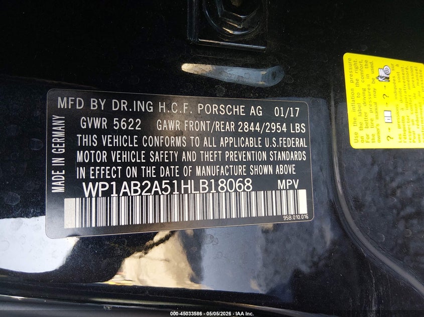 2017 Porsche Macan VIN WP1AB2A51HLB18068 IAAI salvage auction — FRONT END, Salvage (Georgia), sold $6,850 on 2026-07-31 (photo 9)