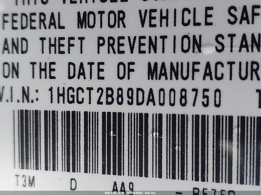 2013 Honda Accord VIN 1HGCT2B89DA008750 IAAI salvage auction — FRONT END, Salvage (Virginia), sold $1,050 on 2026-07-06 (photo 9)