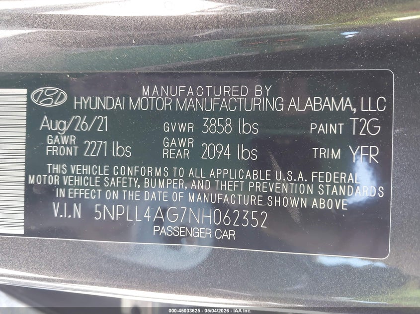 2022 Hyundai Elantra VIN 5NPLL4AG7NH062352 IAAI salvage auction — FRONT END, Salvage (Illinois), sold $2,550 on 2026-07-07 (photo 9)