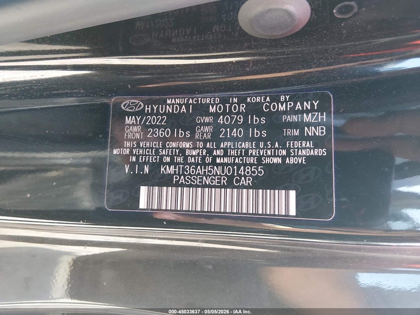 2022 Hyundai Veloster VIN KMHT36AH5NU014855 IAAI salvage auction — FRONT & REAR, Salvage (Massachusetts), sold $25 on 2026-07-09 (photo 9)