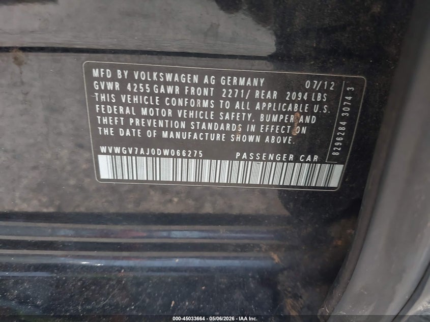 2013 Volkswagen Gti VIN WVWGV7AJ0DW066275 IAAI salvage auction — NORMAL WEAR, Clear (Montana), sold $1,325 on 2026-07-15 (photo 9)