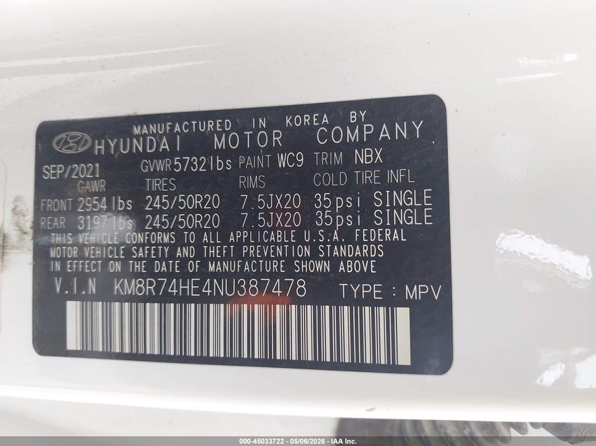 2022 Hyundai Palisade VIN KM8R74HE4NU387478 IAAI salvage auction — STORM DAMAGE, Original (Texas), sold $10,200 on 2026-07-14 (photo 9)