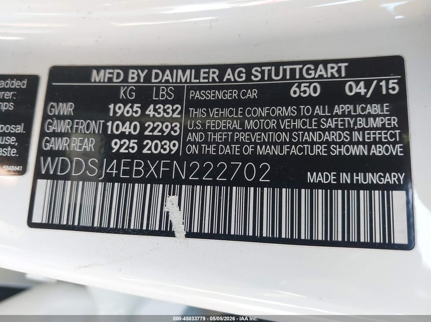 2015 Mercedes-benz Cla-klasse VIN WDDSJ4EBXFN222702 IAAI salvage auction — LEFT REAR, Salvage (Georgia), sold $2,100 on 2026-07-08 (photo 9)