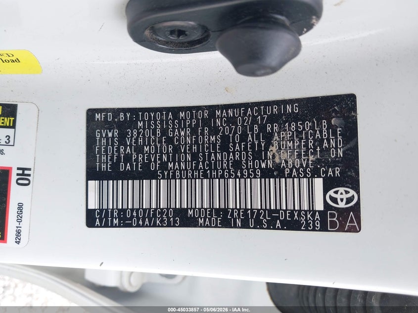 2017 Toyota Corolla VIN 5YFBURHE1HP654959 IAAI salvage auction — HAIL, Hail (Mississippi), sold $2,650 on 2026-07-06 (photo 9)