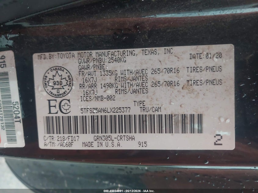 2020 Toyota Tacoma VIN 5TFSZ5AN6LX225377 IAAI salvage auction — FRONT END, Salvage (Michigan), sold $7,600 on 2026-07-23 (photo 9)