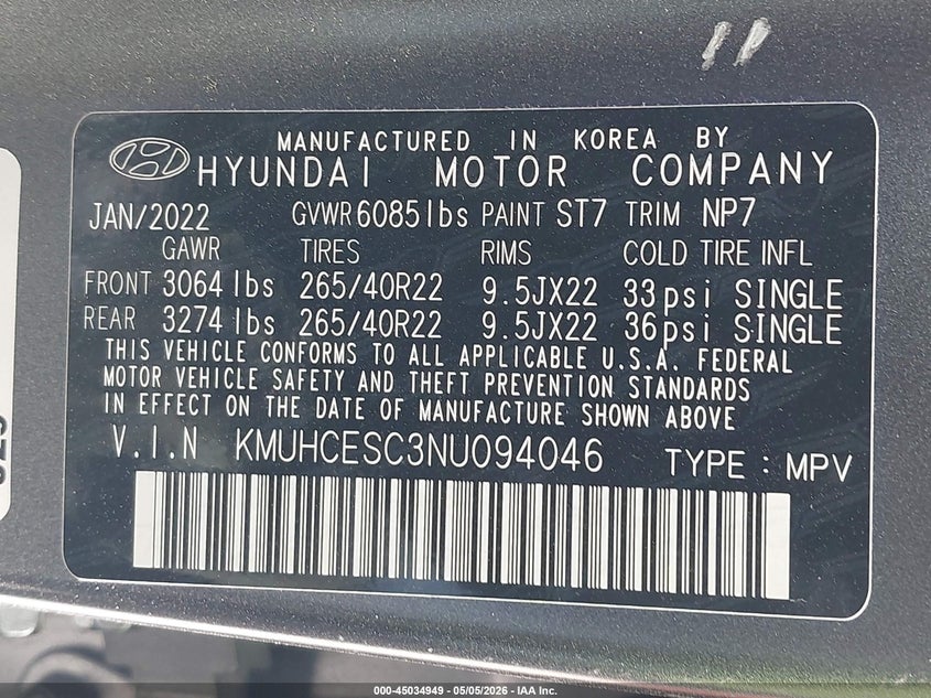 2022 Genesis Gv80 VIN KMUHCESC3NU094046 IAAI salvage auction — FRONT & REAR, Original (Texas), sold $9,300 on 2026-07-15 (photo 9)