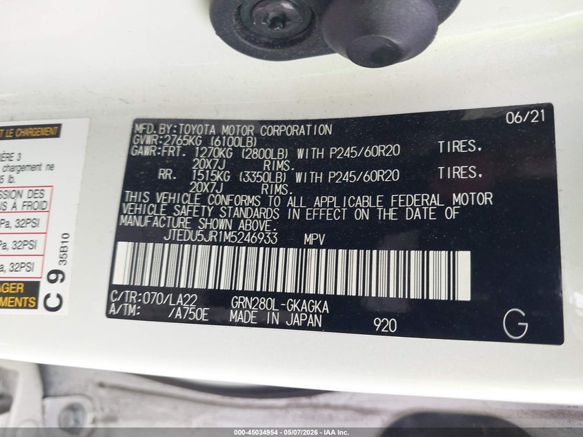2021 Toyota 4runner VIN JTEDU5JR1M5246933 IAAI salvage auction — RIGHT SIDE, Original (Texas), sold $13,700 on 2026-07-27 (photo 9)