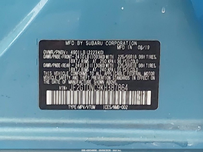 2019 Subaru Xv VIN JF2GTDNC9KH387864 IAAI salvage auction — ROLLOVER, Salvage (Virginia), sold $2,850 on 2026-07-18 (photo 9)