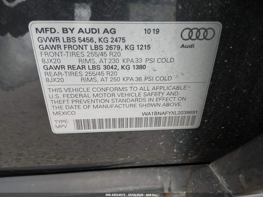 2020 Audi Q5 VIN WA1BNAFYXL2038691 IAAI salvage auction — REAR END, Salvage (California), sold $8,500 on 2026-07-15 (photo 9)