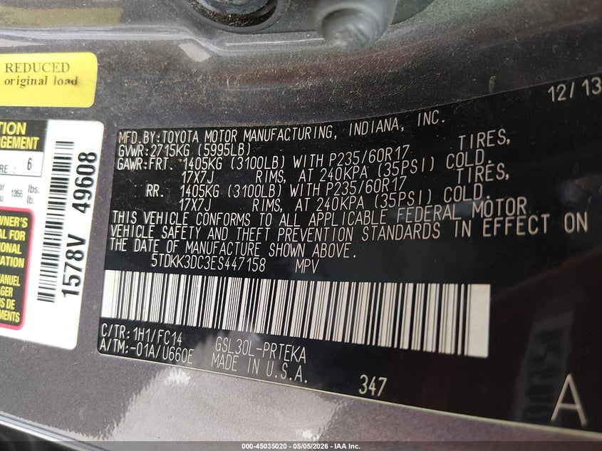 2014 Toyota Sienna VIN 5TDKK3DC3ES447158 IAAI salvage auction — FRONT END, Salvage (Tennessee), sold $800 on 2026-07-23 (photo 9)