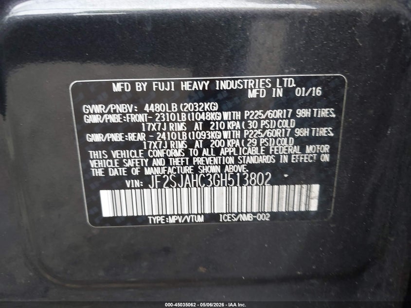 2016 Subaru Forester VIN JF2SJAHC3GH513802 IAAI salvage auction — LEFT SIDE, Salvage - Greater Than 75% (Maryland), sold $525 on 2026-07-27 (photo 9)